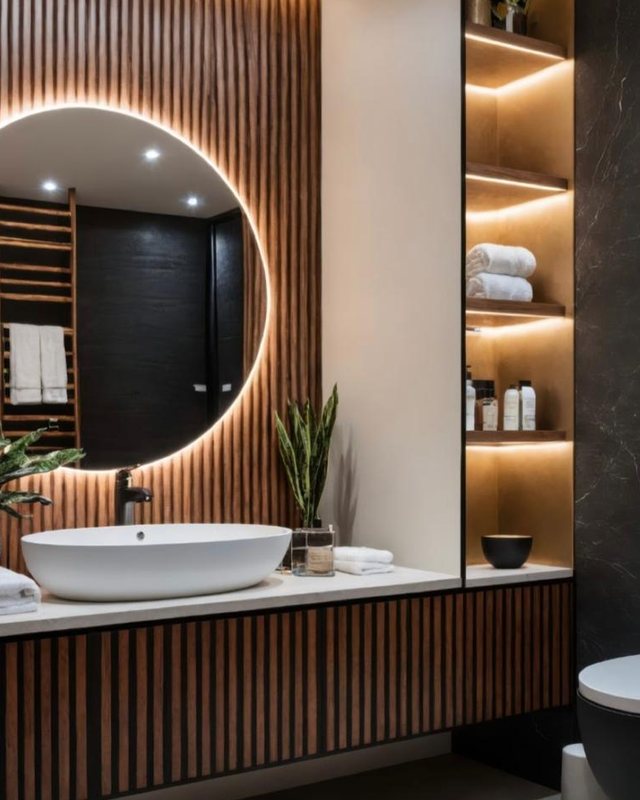 Baño remodelado con muro de madera, espejo circular iluminado y mueble suspendido